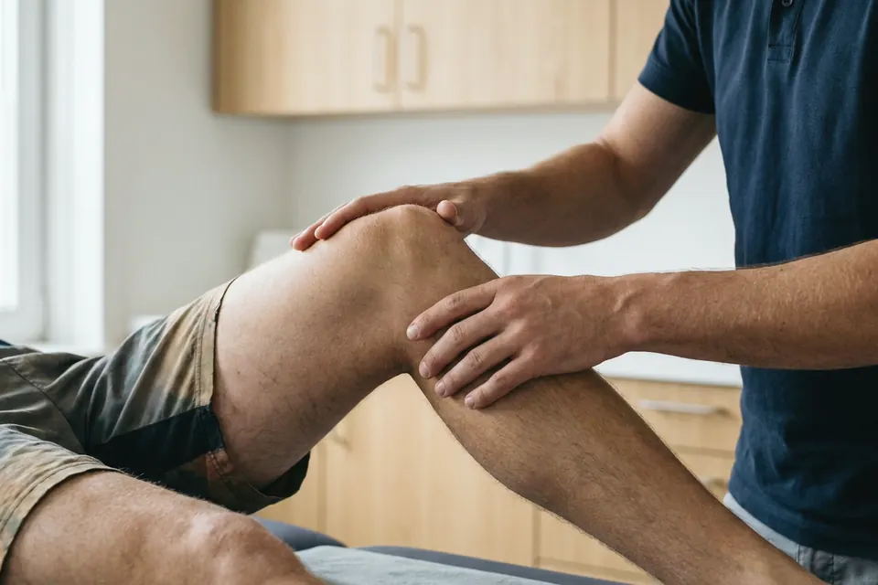 Fysiotherapeut onderzoekt de knie van een patiënt op de behandeltafel